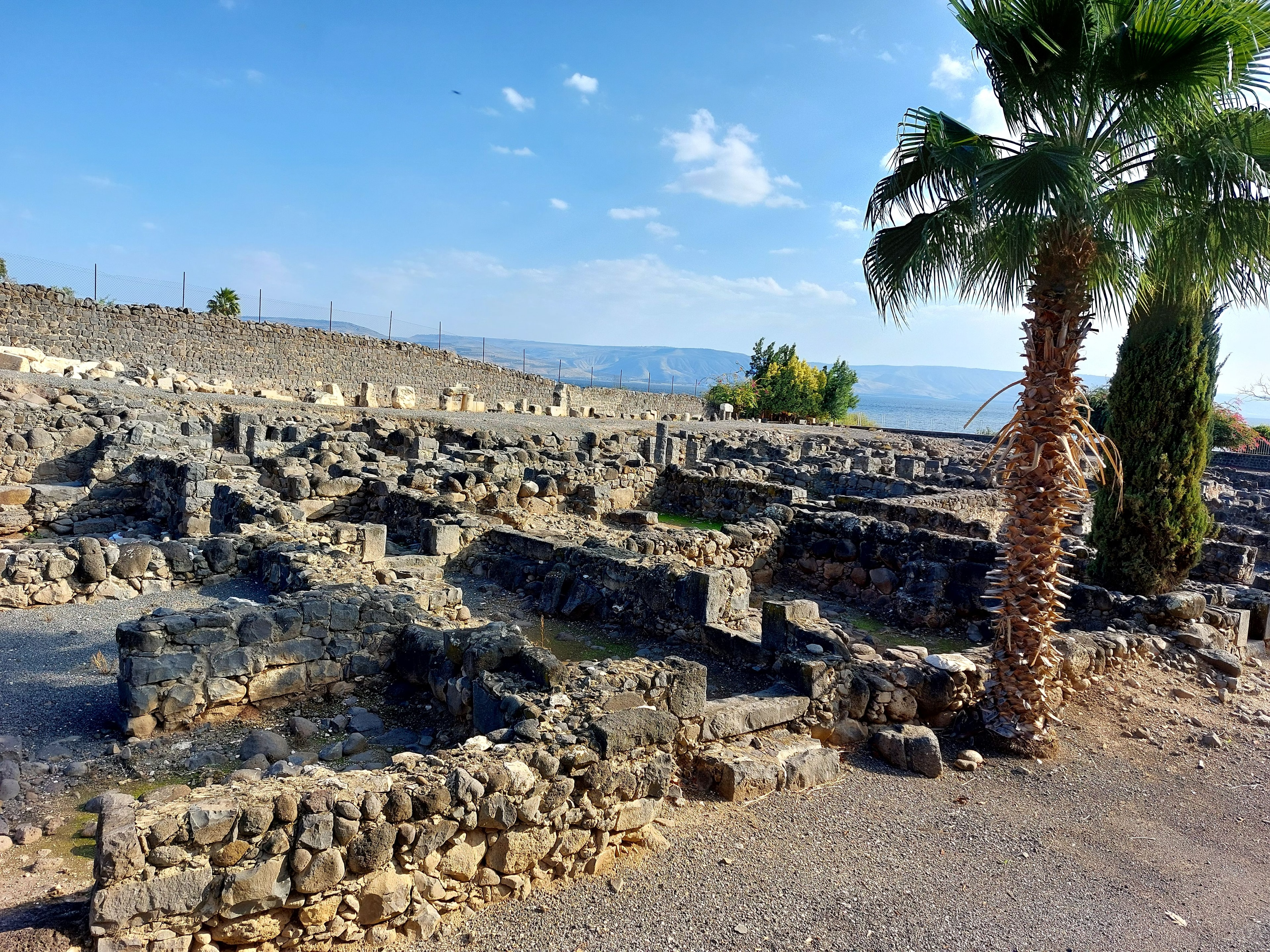 Stone ruins of ancient buildings at Capernaum with palm tree and Sea of Galilee in the background