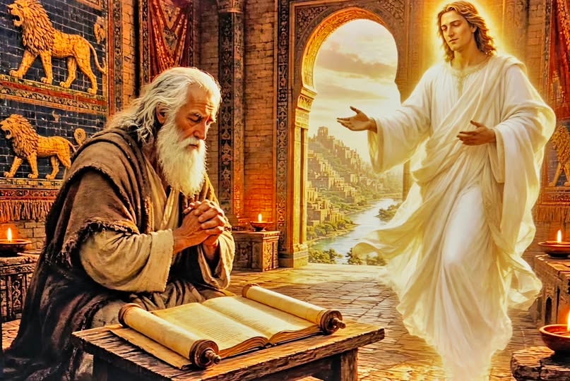 The angel Gabriel appearing to Daniel as he prays over an open scroll in Babylon