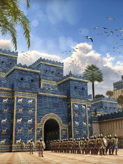 Reconstruction of the Ishtar Gate of Babylon — blue glazed brick walls adorned with golden animals, soldiers standing guard at the entrance, evoking the power of Nebuchadnezzar's empire