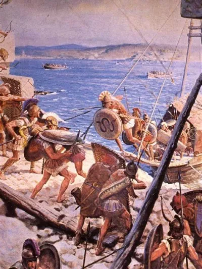 Historical illustration of an ancient naval battle — warriors with shields and spears storming a coastal city from warships, evoking the siege of Tyre by Nebuchadnezzar and Alexander