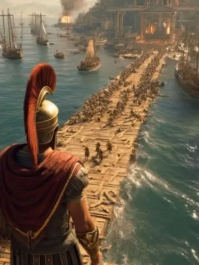 A cinematic illustration of an ancient commander overlooking a harbor filled with warships and troops crossing a causeway — evoking the waves of invaders prophesied against Tyre