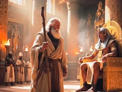 Historical scene depicting an elderly bearded man with a staff standing before a seated Egyptian pharaoh in a grand temple, representing Moses before Pharaoh