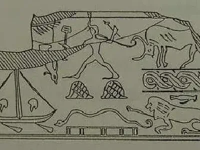 Historical line drawing of the Seal of Joseph found at Avaris, depicting figures, animals, and decorative elements interpreted as symbols of the twelve tribes of Israel