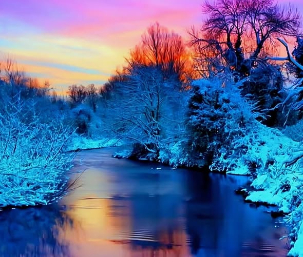 Snowy winter landscape with a river reflecting a vivid sunset sky