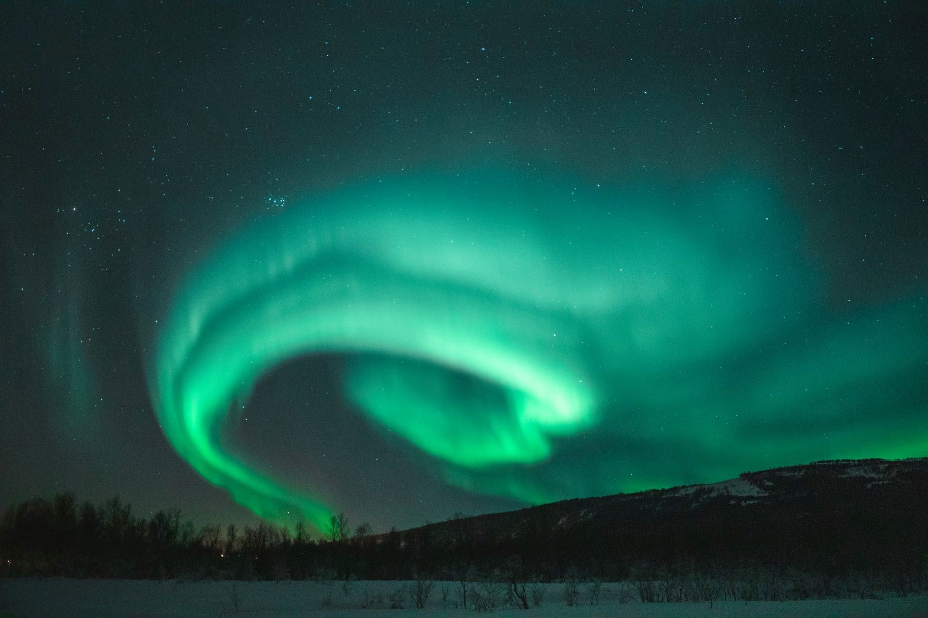 Spectacular aurora borealis swirling over a snowy winter landscape