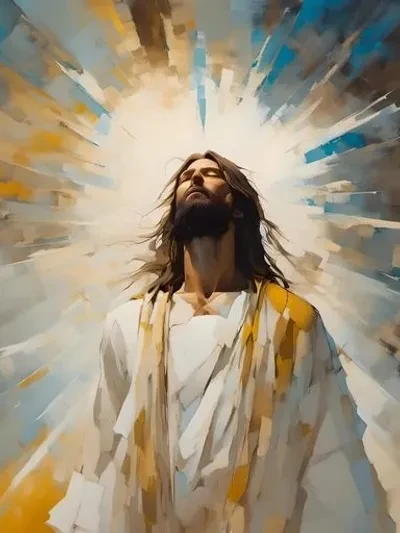 Spiritual painting of Jesus Christ in white robes with radiant light bursting outward — the intersection of the divine and human history