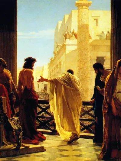 Classical painting depicting Pontius Pilate presenting Jesus to the crowd — Ecce Homo scene with Roman architecture