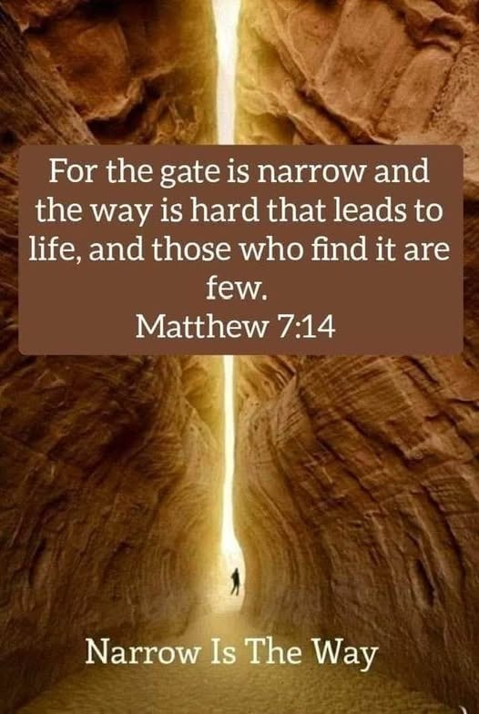 Matthew 7:14 — For the gate is narrow and the way is hard that leads to life, and those who find it are few. Narrow Is The Way.