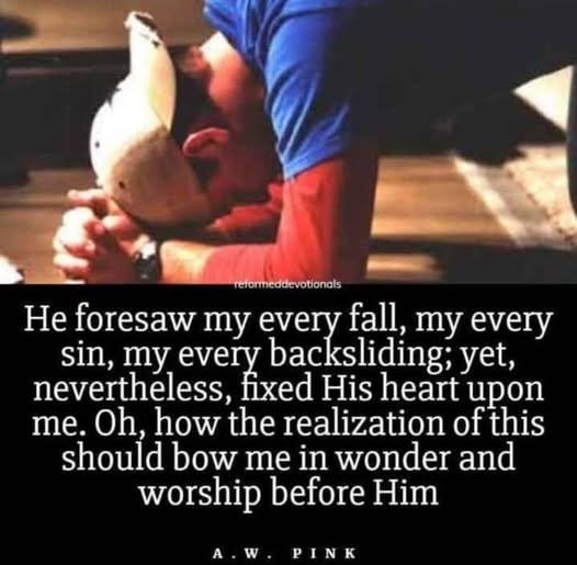 A.W. Pink quote — He foresaw my every fall, my every sin, my every backsliding; yet, nevertheless, fixed His heart upon me. Oh, how the realization of this should bow me in wonder and worship before Him.