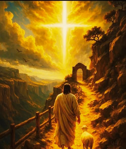 Painting of Jesus walking with a lamb toward a glowing cross on a canyon path