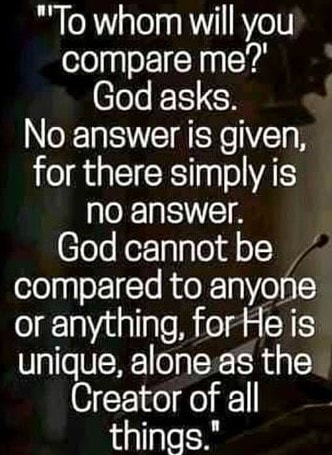 Quote: To whom will you compare me? God asks. No answer is given, for there simply is no answer. God cannot be compared to anyone or anything, for He is unique, alone as the Creator of all things.