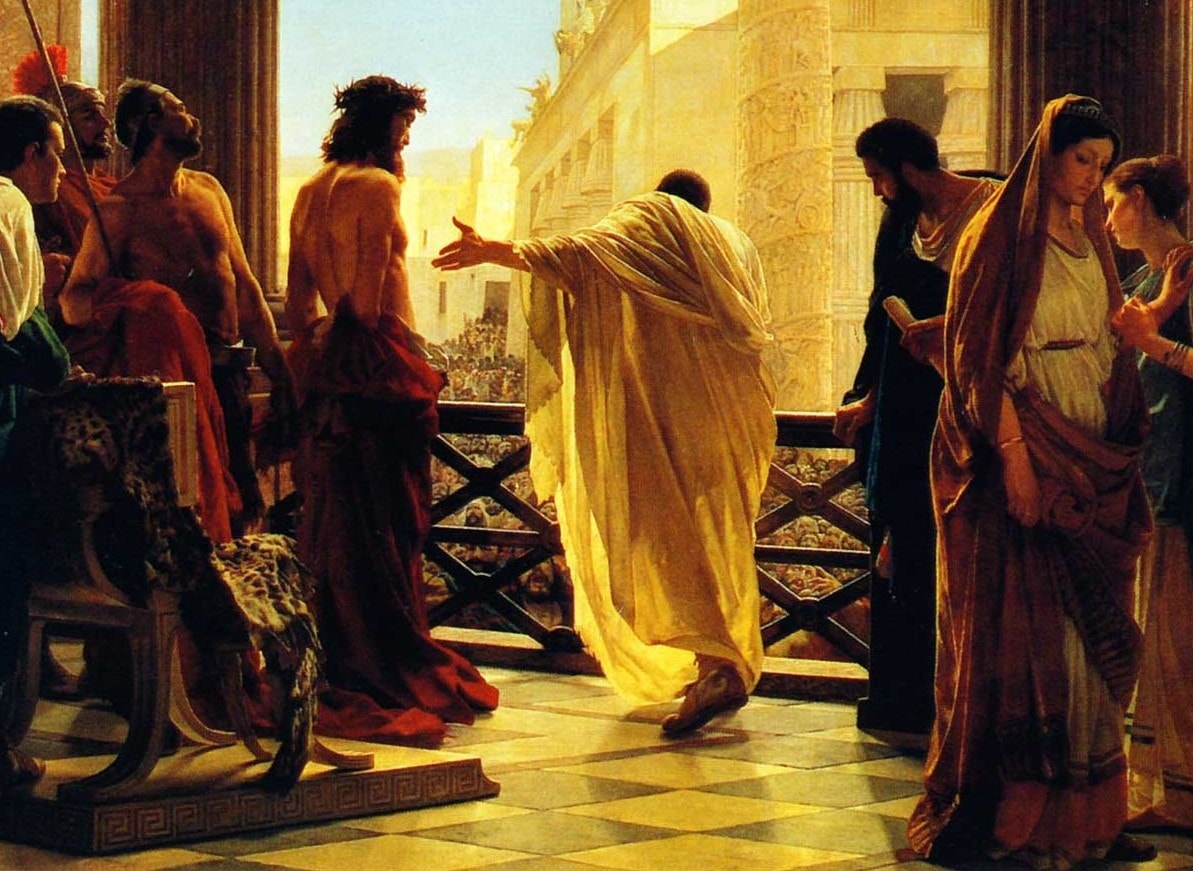 Classical painting of Jesus before Pilate in a grand Roman hall