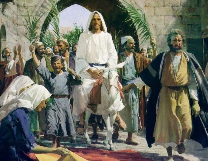 Painting of Jesus riding a donkey into Jerusalem surrounded by crowds waving palm branches