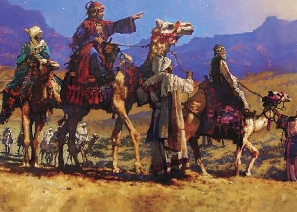 Three wise men on camels traveling through the desert toward the star of Bethlehem