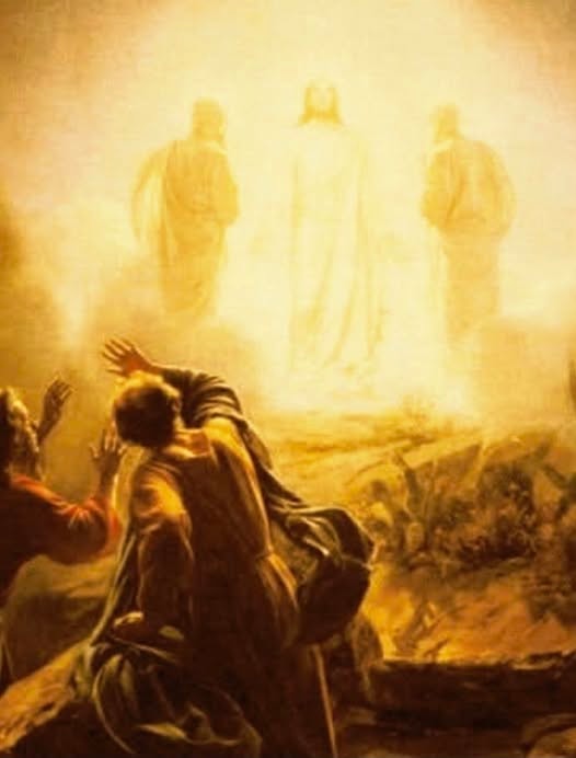 Painting of the Transfiguration of Jesus, with Moses and Elijah appearing in radiant golden light as the disciples bow before them