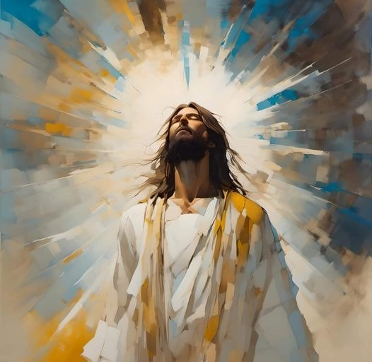 Stylized painting of Jesus surrounded by radiant light